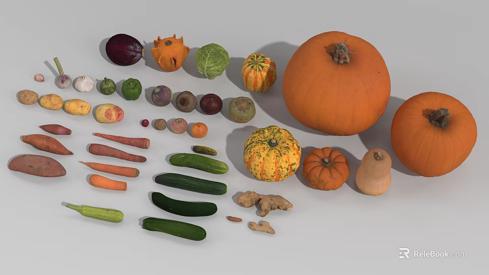 Display of Fresh Colorful Vegetables With Pumpkins Carrots Cucumbers And Seasonal Produce 3d model 
