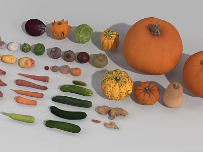 Display of Fresh Colorful Vegetables With Pumpkins Carrots Cucumbers And Seasonal Produce 3d model