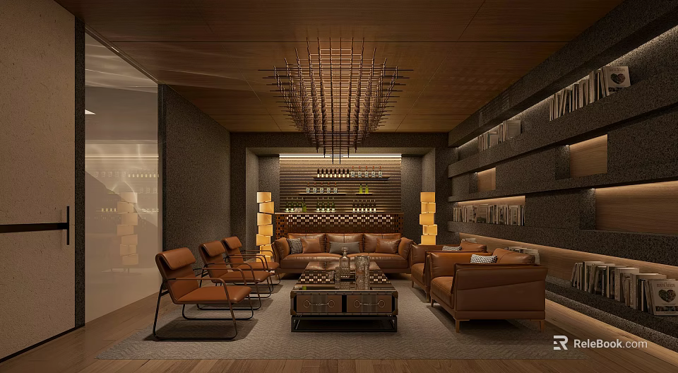 Elegant Lounge Interior With Brown Leather Sofas Wooden Ceiling Modern Chandelier And Bookshelves 3d model 