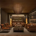 Elegant Lounge Interior With Brown Leather Sofas Wooden Ceiling Modern Chandelier And Bookshelves