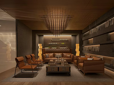 Elegant Lounge Interior With Brown Leather Sofas Wooden Ceiling Modern Chandelier And Bookshelves 3d model