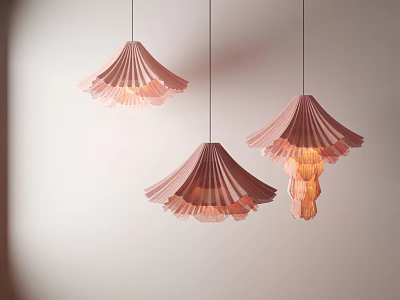 Pink Pleated Fan Shaped Pendant Lights with Soft Warm Light Hanging on White Wall 3d model