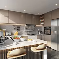 Modern Kitchen Interior With Island Counter Bar Stools Cabinets And Appliances