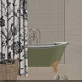 Vintage Green Bathtub With Golden Claw Feet And Black White Floral Shower Curtain