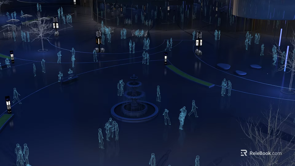 Night Plaza Scene With Active Glowing Human Silhouettes Fountain Street Lamps Trees And Blue Lines 3d model 