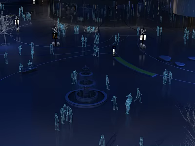 Night Plaza Scene With Active Glowing Human Silhouettes Fountain Street Lamps Trees And Blue Lines 3d model