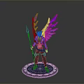 3D Fantasy Character with Purple Blue Gradient Wings Holding Spear on Blue Glowing Circular Base