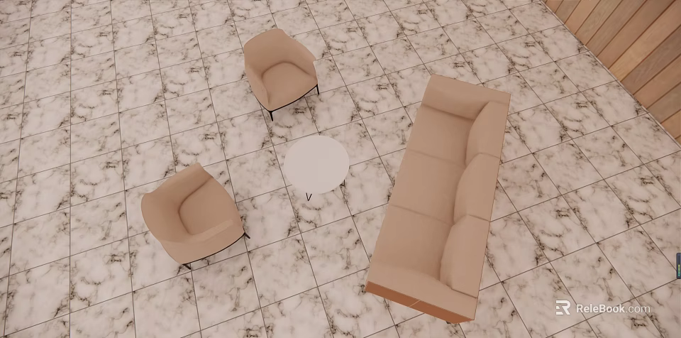 Beige Sofa And Coffee Table Set With Armchairs On Marble Patterned Floor 3d model