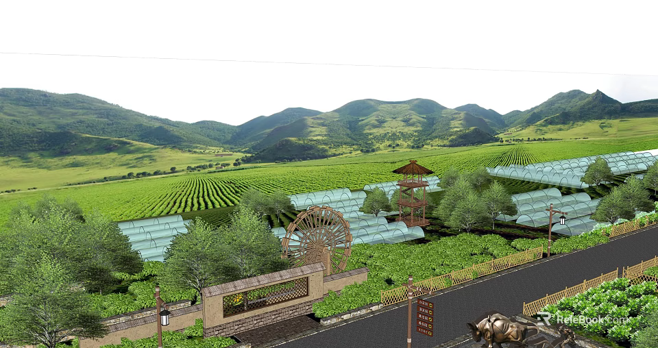 Scenic Rural Landscape with Distant Mountains Lush Green Fields Windmill Pavilion and Glass Greenhouses 3d model 