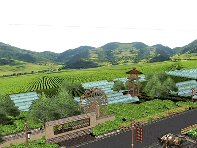 Scenic Rural Landscape with Distant Mountains Lush Green Fields Windmill Pavilion and Glass Greenhouses 3d model