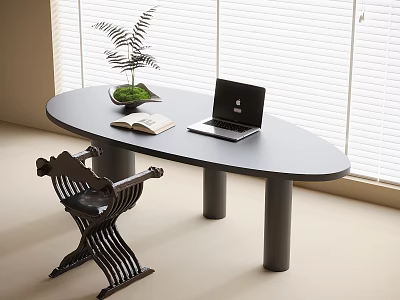 Stylish Oval Desk With Laptop Open Book Green Plant Designer Chair And Window Blinds 3d model