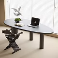 Stylish Oval Desk With Laptop Open Book Green Plant Designer Chair And Window Blinds