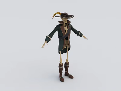 Game Movie Character Skeleton With Feather Hat Green Coat And Brown Boots 3d model