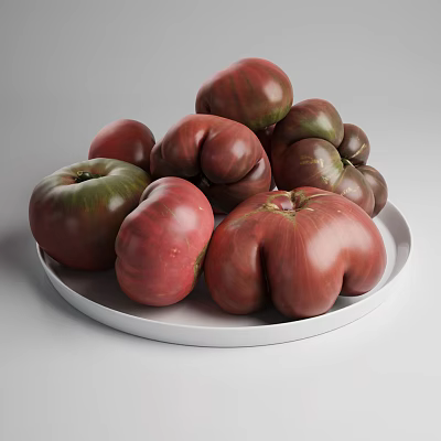 Fresh Vegetables Tomatoes With Various Colors And Shapes On White Plate 3d model