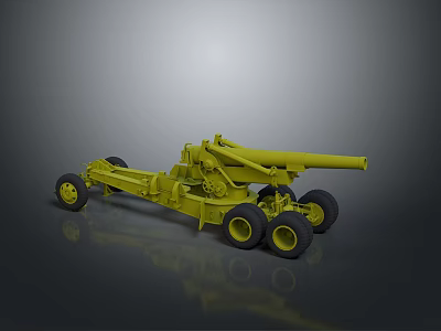 Yellow Military Towed Artillery Weapon With Multiple Wheels And Long Barrel 3d model