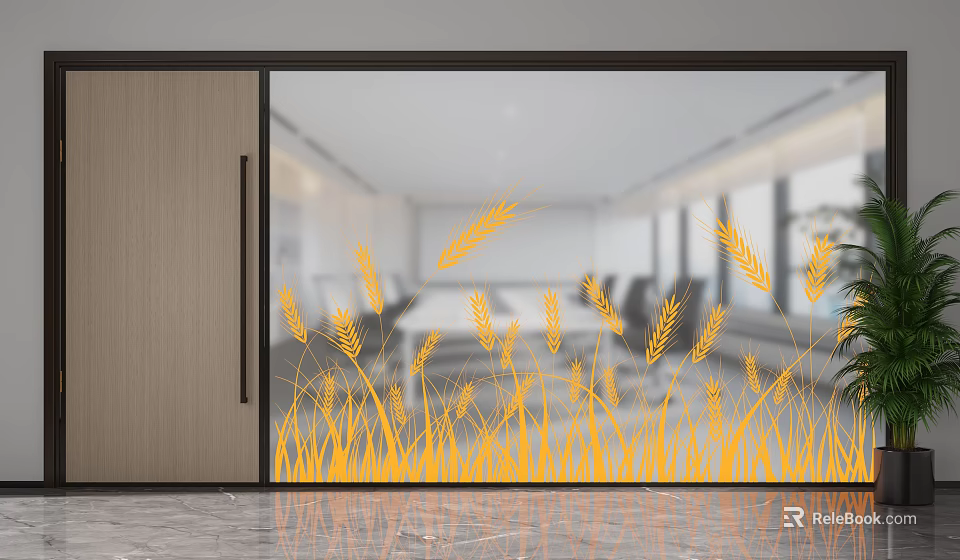 Modern Interior Decorative Glass Partition With Yellow Wheat And Grass Patterns 3d model 