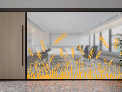Modern Interior Decorative Glass Partition With Yellow Wheat And Grass Patterns 3d model