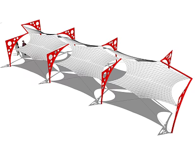 Tension Membrane Architectural Canopy With Red Support Structures And Unique Design 3d model