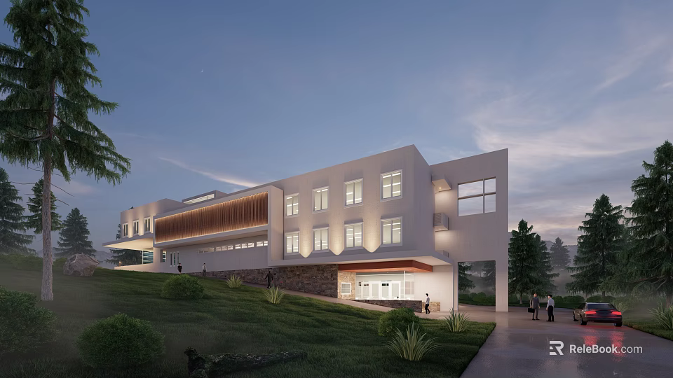 Modern Office Building On Green Hillside With White Facade Stone Base Large Windows Illuminated Entrance 3d model 
