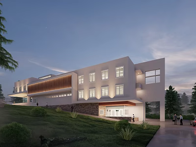 Modern Office Building On Green Hillside With White Facade Stone Base Large Windows Illuminated Entrance 3d model