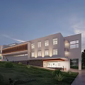 Modern Office Building On Green Hillside With White Facade Stone Base Large Windows Illuminated Entrance