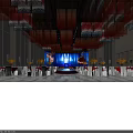 Banquet Hall With Colorful Hanging Lamps Blue Backdrop Stage White Chairs And Decorative Flowers