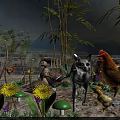 Adorable Cat Rooster And Chick With Dandelions Bamboo Mushrooms Flowers In Lush Garden