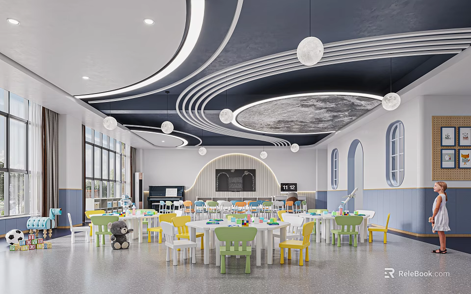 Preschool Spacious Bright Classroom With Colorful Chairs And Moon Ceiling 3d model 
