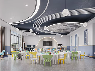 Preschool Spacious Bright Classroom With Colorful Chairs And Moon Ceiling 3d model