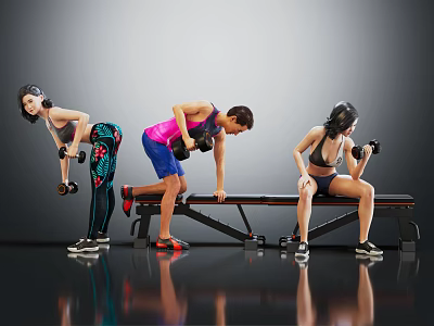 Active Group of People Working Out With Dumbbells And Fitness Bench 3d model