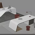 Modern White Office Desks With Curved Design Brown Red Chairs Red Lamp And Rugs