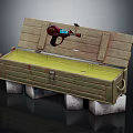 Wooden Storage Box With Open Lid Yellow Interior And Red Tool On White Stone Base