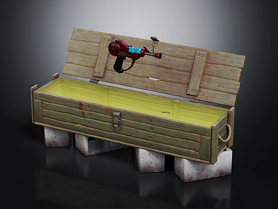 Wooden Storage Box With Open Lid Yellow Interior And Red Tool On White Stone Base 3d model