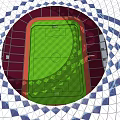 Modern Circular Stadium Design With Green Field White Exterior And Geometric Surroundings
