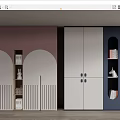 Contemporary Wardrobe Designs With Pink White Dark Blue Arched Open Shelves Holding Books And Decor