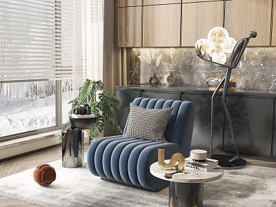 Modern Blue Pleated Single Sofa With Side Table Floor Lamp And Wooden Accents 3d model