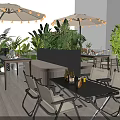 Outdoor Restaurant Terrace With Wooden Deck Green Plants Umbrellas Seating And Ambient Lighting