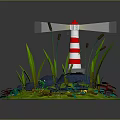 Natural Pond Scene With Red And White Lighthouse Frog Reeds Rocks And Flowers