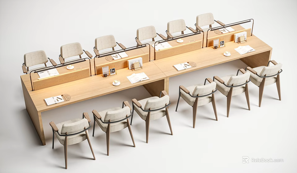 Long Wooden Study Desk With Chairs Around And Papers Cups On Top 3d model 