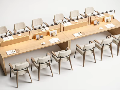 Long Wooden Study Desk With Chairs Around And Papers Cups On Top 3d model