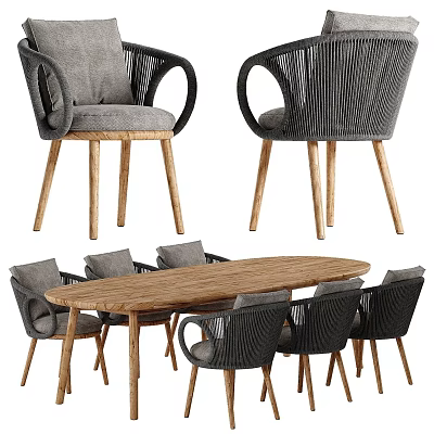 Wooden Outdoor Table With Rattan Chairs And Gray Cushions For Garden Use 3d model