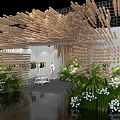 Contemporary Exhibition Display With Wooden Stick Structure Green Plants White Flowers Models And Water Reflection