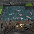 Serene Courtyard Garden Water Feature With Koi Fish Pond Green Plants Brick Walls And Lighting