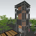Modern Grid Facade Tower With Surrounding Trees And Bridge With People Walking 3d model