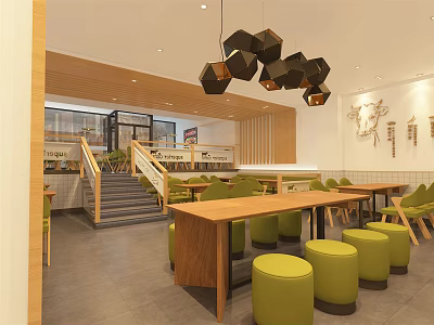 Modern Restaurant Interior with Open Layout Wooden Elements Green Round Stools Hexagonal Pendant Lights Staircase 3d model