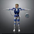 Futuristic Sci Fi Character In Blue White Uniform With Helmet And Outstretched Arms