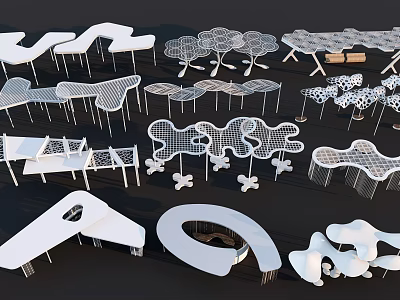 Modern Abstract Geometric Structures With White Cut Out Designs And Curved Shapes 3d model
