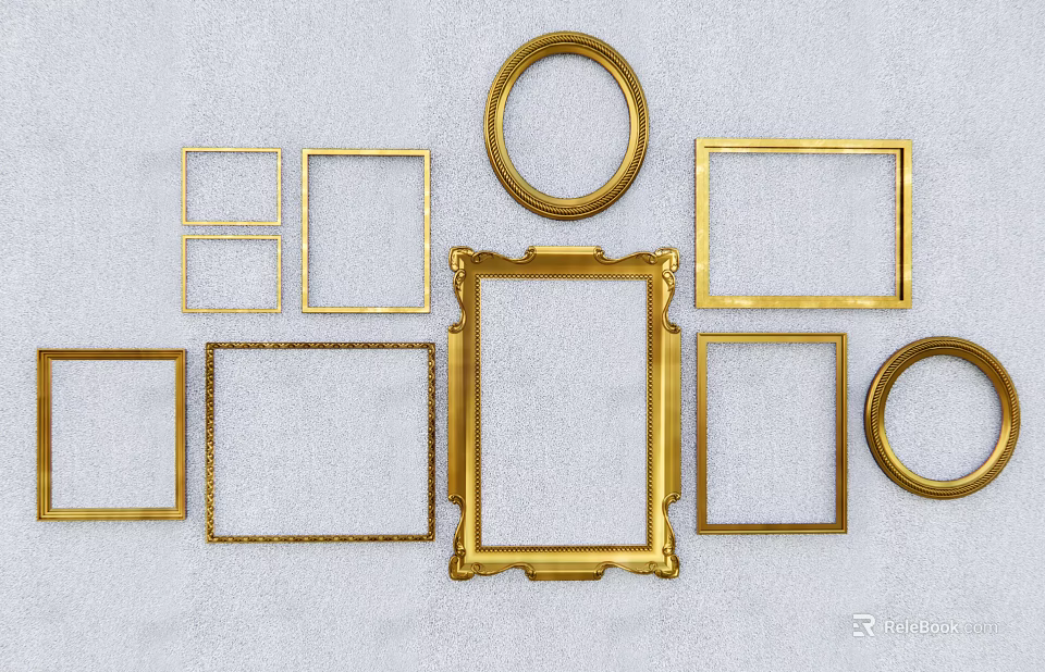 Golden Various Sizes Round And Square Picture Frames On Light Background 3d model 