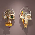 Unique Mechanical Head Sculpture Wall Decoration with Gears Clock Green Glass Eye and Numeric Panel 3d model