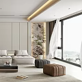 Modern Living And Dining Room With Gray Sofa Wooden Coffee Table And Green Plants